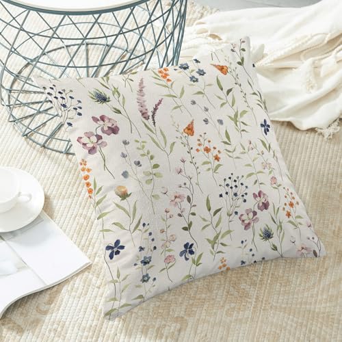 Image of AEIOAE Spring Pillow Covers 18x18 Inch Set of 2, Sage Green Colorful Wild Flower Throw Pillows Case,Seasonal Floral Plant Outdoor Decorative Farmhouse Decor Cushion Covers for Sofa Bed Couch