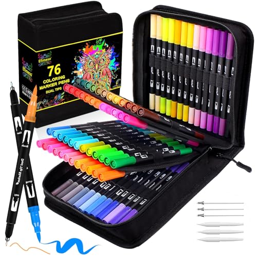 Efimeso 76 Filzstifte Kinder Set Pinselstifte Mit Etui, Doppelspitze Farbige Stifte Fineliner Dual Brush Pen Set Maker Filzstifte Für Erwachsene Malerei Skizzieren Hervorhebung Lettering