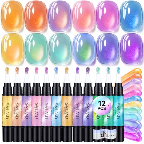 SAVILAND One Step Gel Nail Polish Set Cat Eye Gel, 12 Shimmering Colors