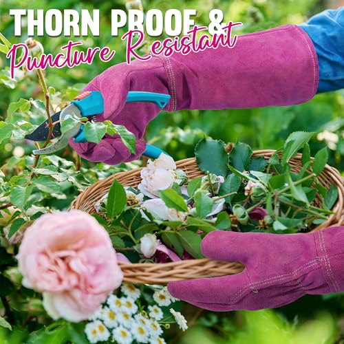 Image of HANDLANDY Rose Pruning Gloves for Men Women, Thorn Proof Gardening Gloves | Long Leather Gardening Gloves, Breathable Leather Gauntlet, Best Garden Gifts & Tools for Gardener (Rosy, S)