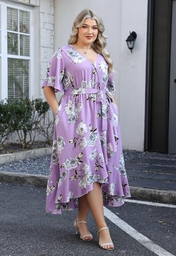 Image of Keluummi Plus Size Maxi Dress for Women V-Neck Floral Empire Waist 3 /4 Sleeve with Pockets