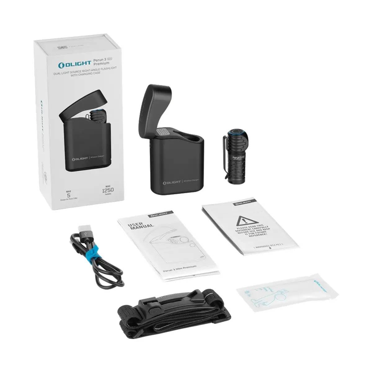 OLIGHT Perun 3 Mini Kit LED Stirnlampe 1250 Lumen wiederaufladbare Kopflampe mit 5000 mAh Ladecase, 60 Tage Akkulaufzeit, 5 Weißlicht- & 3 Rotlicht-Modi, Ideal für Camping, Angeln, Notfall Schwarz
