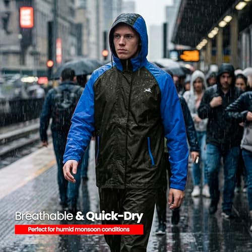 Image of TVS Dual Tone Waterproof Rainsuit for Men & Women | 10,000 MM Waterproof | Adjustable Hood, Reflective Branding, Contrast Sleeves | Lightweight Rain Suit for Motorcycle & Outdoor Use