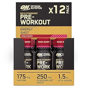 Optimum Nutrition Gold Standard Pre-Workout Energy Shot, kant-en-klaar voedingssupplement met Beta Alanine, Cafeïne, PerforMelon Boost en Vitamine B6 en B12, Gemengde bessensmaak, 12 stuks, 12 x 60 ml