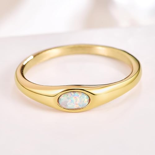 Miniatura 2 de Signet Rings for Women, 14K Gold Plated Dainty Rings OvalHeart Created Opal Ring Size 5-10