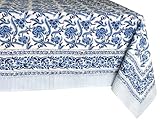 ATOSII Midnight Bloom 100% Cotton Fall Tablecloth, Handblock Print Blue Rectangle Table Cloth for Ki