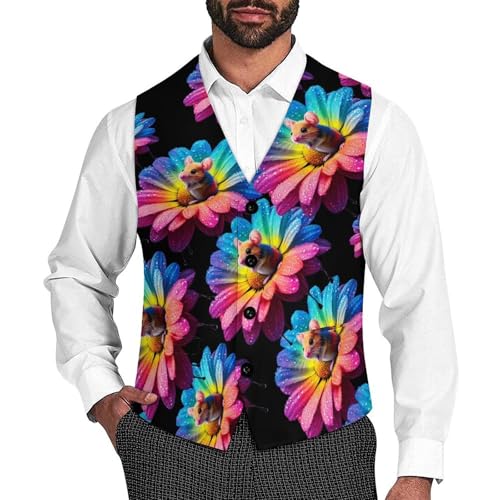 Colorful Rat Daisy Flower Men's Suit Vests Business Formal Dress Vest V-Neck Waistcoat for Wedding Casual