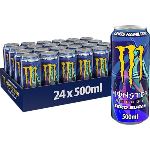 Monster Energy LH44 Lewis Hamilton– 24 Lattine da 500 ml, Energy Drink Zero Zuccheri con Caffeina, L-carnitina, Bevanda Energetica dal Gusto Morbido di Pesca, Vegan