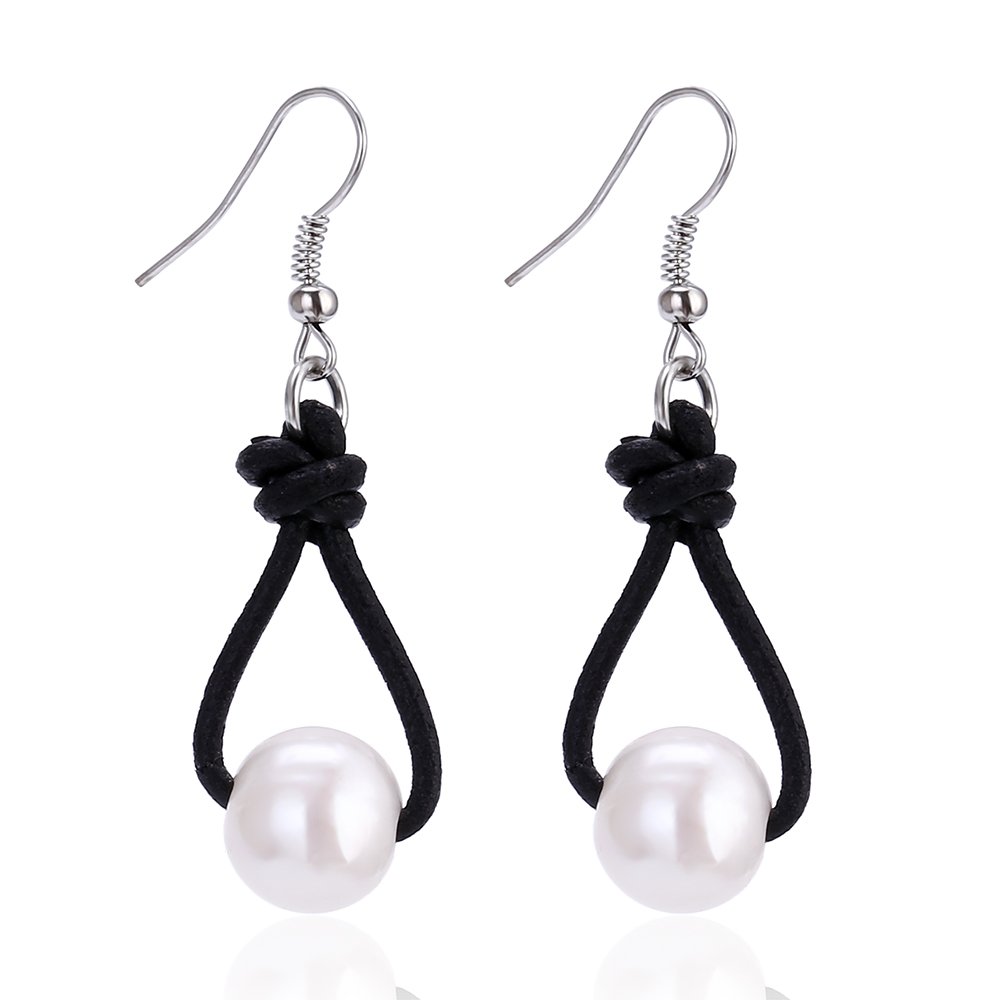 White Pearl Drop Dangle Earrings on Genuine Leather Cord Hook Drop Bohemian Jewelry for Women