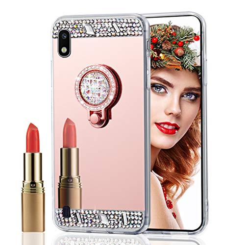 ISADENSER Samusng A10 Case Galaxy A10 Case Ultra-Slim Glitter Bling Diamond Case Mirror Makeup Soft Cover with Ring Stand Holder for Samusng Galaxy A10, Rose Gold Diamond TPU with Stand Holder