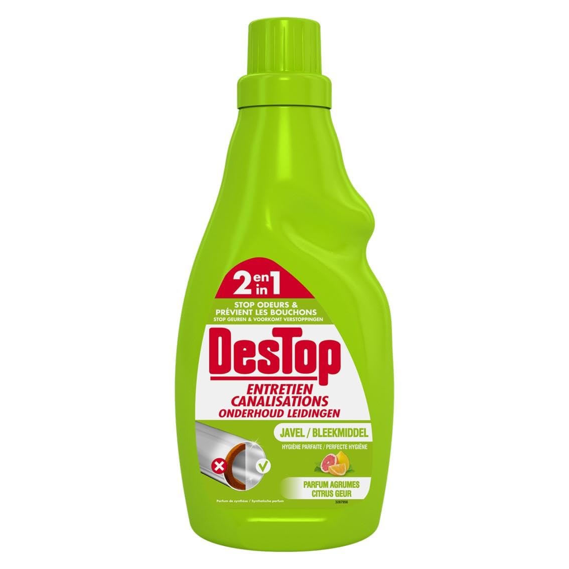 Destop – Lote de 5 geles de mantenimiento para canalizaciones de lejía, perfume fresco, cítricos – 750 ml