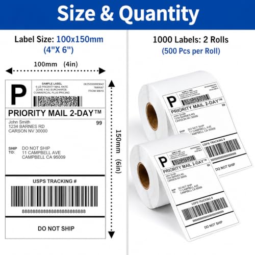 Image of HIROBOT 4x6 Direct Thermal Shipping Label Roll, 1000 Labels, Size 100x150mm