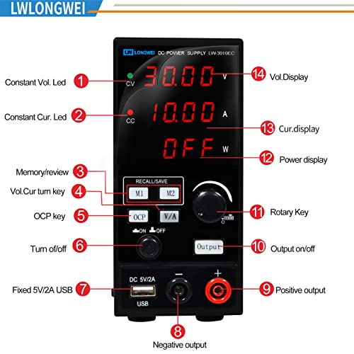 Image of DC Power Supply Variable,30V 10A 300W Programmable Memory Function Adjustable Switching Regulated DC Bench Power Supply with 4-Digits LED Power Display 5V /2A USB Coarse and Fine Adjustmentsy