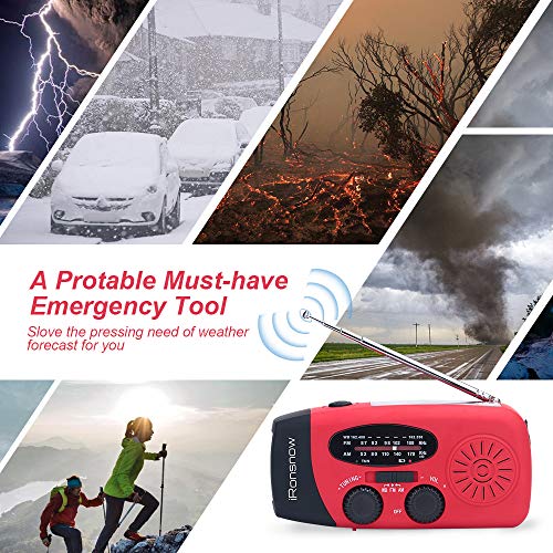 [Upgraded Version] iRonsnow IS-088+ [1000mAh] Solar Hand Crank Radio AM/FM/NOAA/WB Weather Emergency Radio, Dynamo LED Flashlight Power Bank for iPhone/Android Smart Phone (Red) - Thumbnail 6