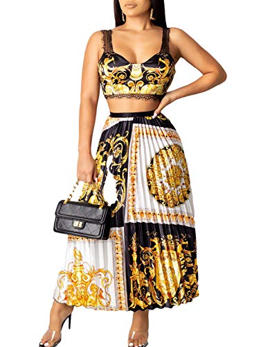 Women's Two Piece Outfit Lace Strappy Push up Tankini Top and Long African Dress Skirt Set Gold