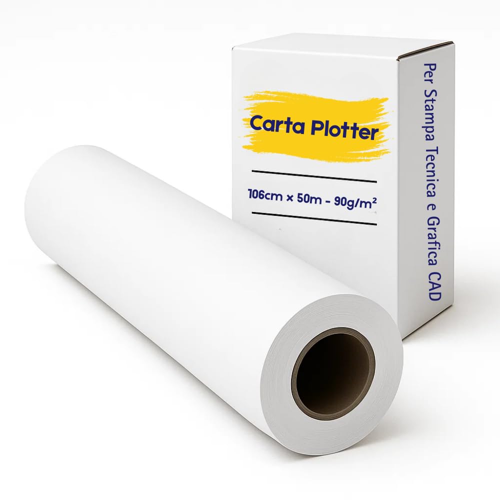 Confezione 1 Rotolo Plotter 106cm x 50m – 90g/m² | Carta Bianca Professionale per Stampa Tecnica, CAD, GIS e Grafica | Superficie Liscia, Asciugatura Rapida | Foro 50mm, Ø 96mm