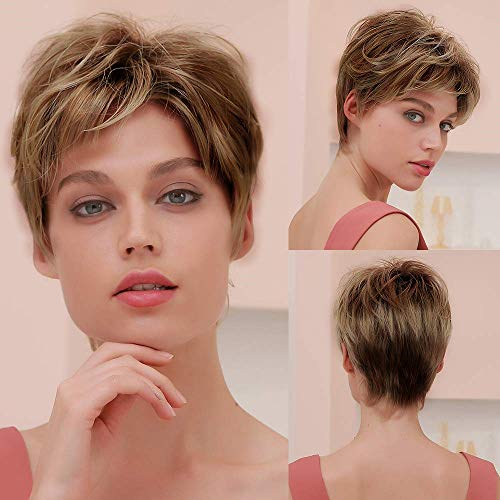 Swiking Pixie Cut Short Brown Curly Layered Wigs for Women with Bangs Natural Synthetic Hair Womens Wig Heat Resistant Daily Use