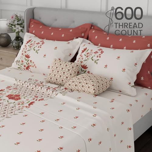 Image of BOUTIQUE LIVING Luxe Loom Embroidery 100% Cotton 600 TC Red & White Floral King Bedding Set