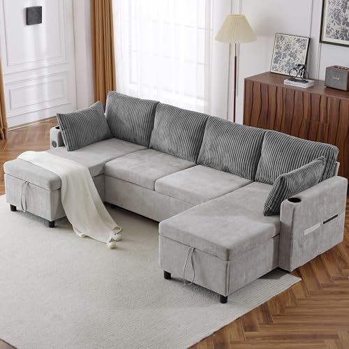 Image of ERYE U-Shaped Pull Out Sleeper Couch Bed Symmetrical Sleeper Sectional Sofa Convertible Sofabed with Storage Chaises for Living Room
