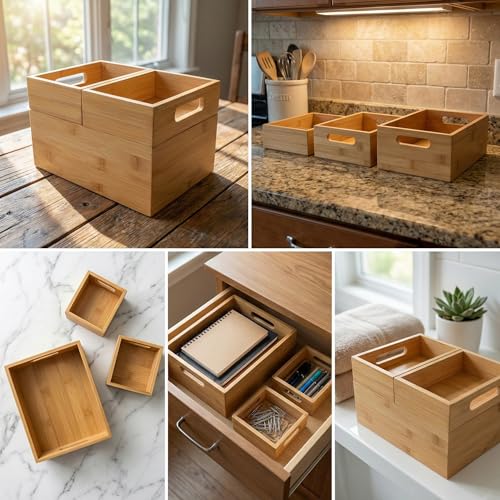 Deconox 3'lü Modüler Bambu Organizer Set - Üst Üste Geçebilen Çok Amaçlı Çekmece İçi ve Masaüstü Düzenleyici Kutu - Banyo, Mutfak ve Ofis İçin Ahşap Saklama Seti