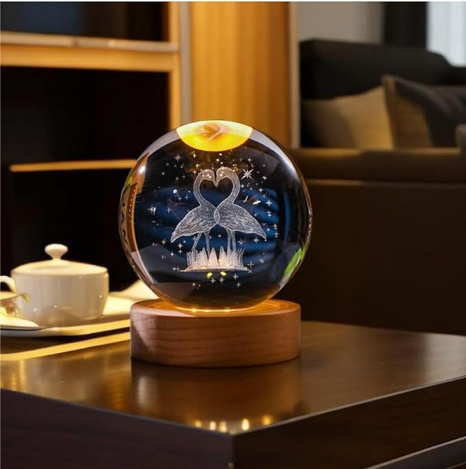 Image of 3D Galaxy Crystal Ball Night Lamp, Solar System Flamingo Night Light, USB Table Colorful Led Wooden Crystal Ball for Home, Office, Birthday Gift (Flamingo led)