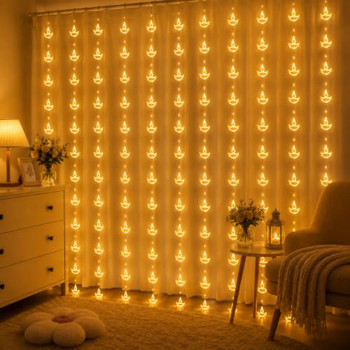 Image of Quace 80 Led Mini Diya Curtain Light 3x1 Meter with 8 Flashing Modes - Warm White Decorative LED for Home, Party & Festival Decoration