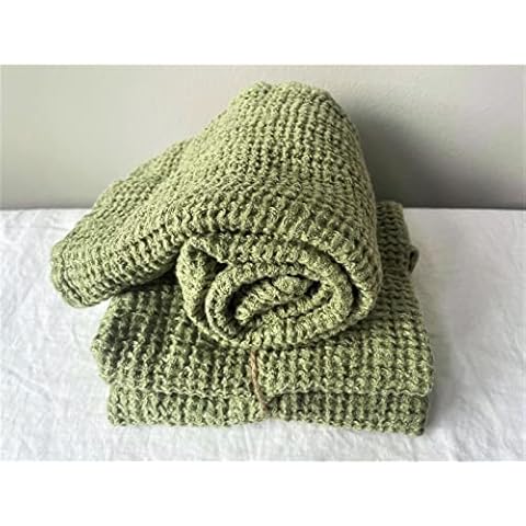 Set of 2 Hand and Guest Towels 100% Linen Stonewashed Waffle Pique (Guacamole, 2 Pieces) 50 x 70 cm Cover