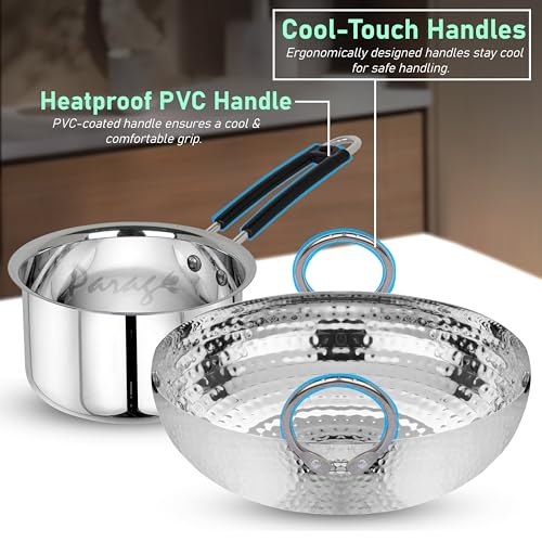 Image of Parage 2 Pieces Stainless Steel Hammered Kadhai & Sauce Pan with Heavy Bottom for Kitchen /Utensils, Cooking, Deep Frying | Gas Stove Friendly Cookware (Capacity-1.2 LTR & 1 LTR, Silver)