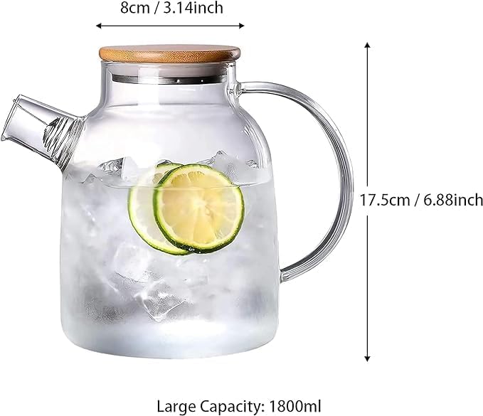 ROSEFINCH Glass 1.8 LTR Water Jug Big Iced Tea Pitcher, 1 Pcs Set Water Jug, Heat Resistant with Wooden lid, Glass Kettle, Beverage Pitcher with Cap, Set of 1, Transparent, 3