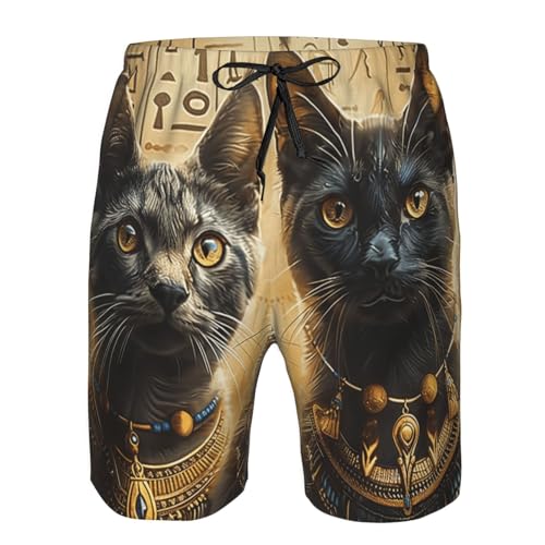 Men's Quick Dry Swim Shorts Egyptian Cats Hieroglyphics and Mystical Symbols Golden Beach Trunks with Pockets3