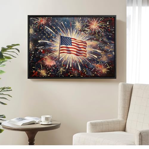 Image of American Flag Framed Canvas Wall Art, 4th of July Red White Blue Canvas Prints, USA Flag with Fireworks Patriotic Decorations, Modern Independence Day Wall Decor for Bedroom Living Room 12x16