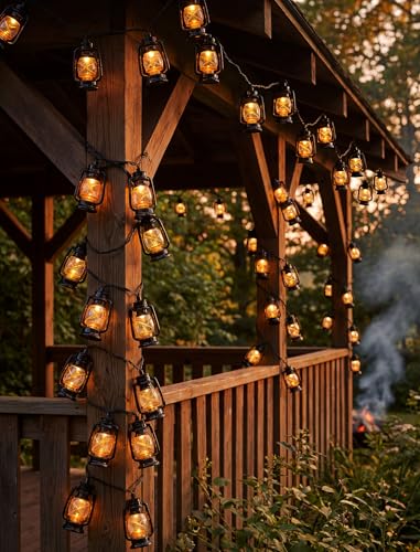 Image of 12FT Black Mini Kerosene String Lights, 20 LED Vintage Lantern Fairy Lights, Connectable Outdoor Decorative Lights for Patio Bedroom Camping Wedding Garden Christmas Party Decor