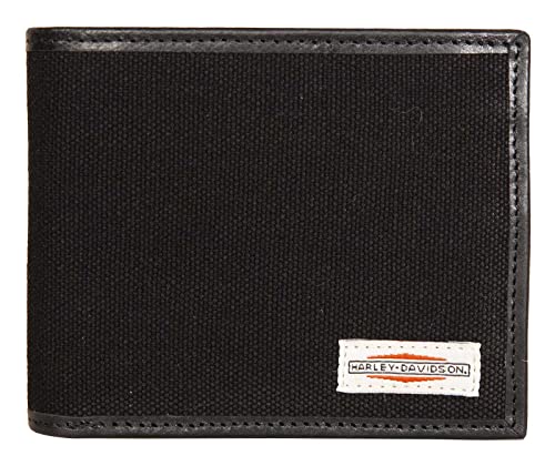 Harley-Davidson Men's Patch Cotton Canvas & Leather Bi-Fold RFID Wallet - Black