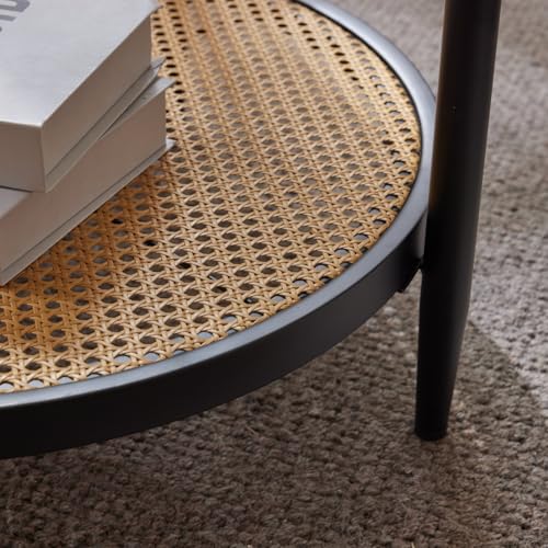 Image of VINGLI 25.6 inch Black Rattan Modern Coffee Table with 2-Tier Storage, Round Water-Wave Glass Metal Center Table for Living Room and Small Space