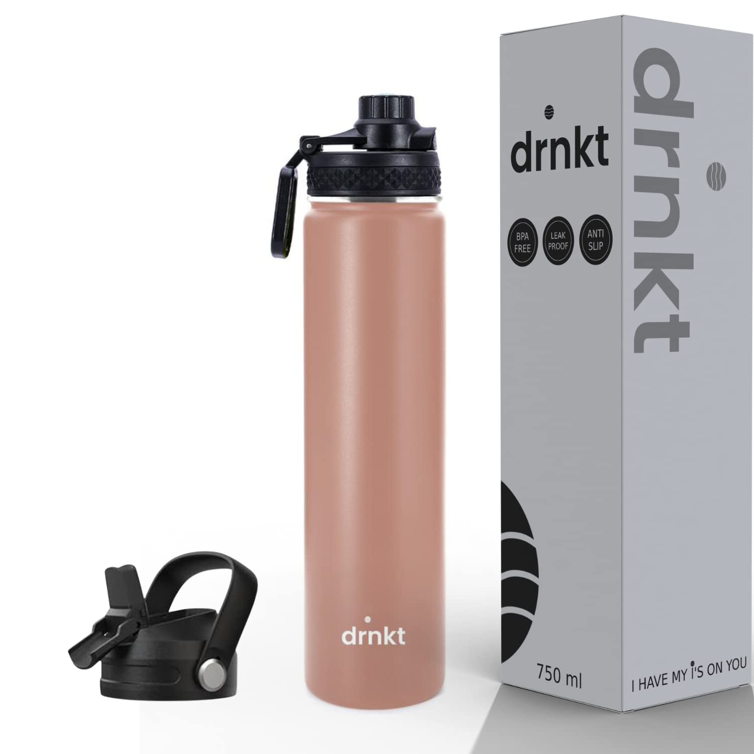 DRNKT Vacuum Stainless Steel Insulated Water Bottle, BPA Free Hygiene Water Bottle, Durable Flask for Gym Use, Dual Lid, Anti-Slip Coated Surface, Hot & Cold Liquid Sports Bottle (Nude Pink)