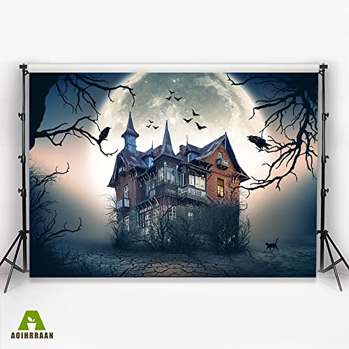Aoihrraan 9x6ft Horror Haunted House Backdrop Mid Night Bright Full Moon Bats Gloomy Trees Halloween Photography Background Kids Trick or Treat Party Decor Children Portrait Photo Studio Props - Image 3
