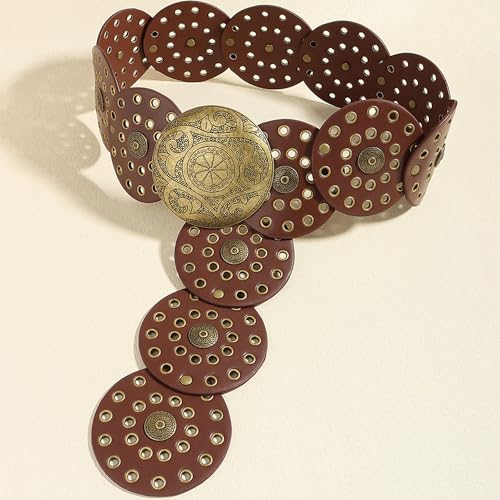 IZUS Classic-Retro Oval-Concho-Buckle Western-Belt for Women-Dresses Wide-Disc Cowgirl-Belts Boho-Country-Style4