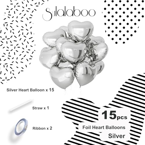 Image of 15Pcs Silver Heart Foil Balloons 18 Inch Helium | Heart Shaped for Valentines Day Engagement Anniversary Birthday Bridal Wedding Party Decorations