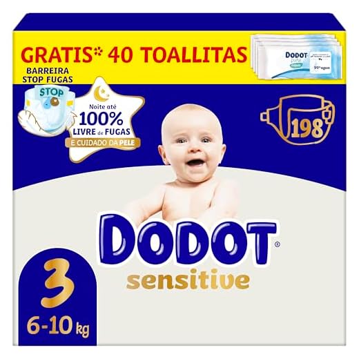 Dodot Pañales Bebé Sensitive, Talla 3 (6-10 kg), 198 Pañales + 1 Pack de 10 Toallitas Gratis de Aqua Plastic Free, Nº1 en Protección de la Piel de Dodot, Pack Mensual