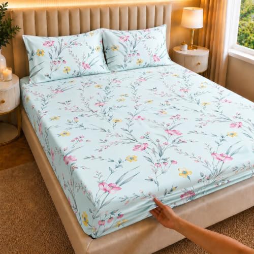 Image of Castiqa Elastic Fitted Supersoft Premium Polycotton 200TC Double Bedsheets King Size 78x72 Inch with 2 Pillow Covers (Fits Upto Mattress of 8Inches) (Multicolor XII)