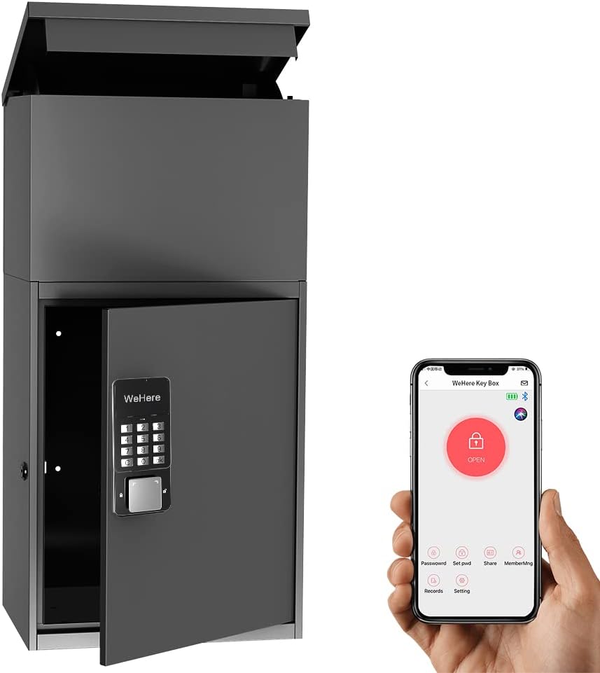 WeHere Smart Parcel Drop Box with Smart Lock for Secure Multiple Internet Deliveries of Large Delivery Packets Weatherproof Outdoor Delivery Box