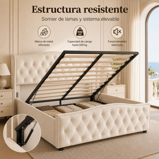 Cama 140x200 cm con canapé abatible y somier de láminas, Cama de Matrimonio tapizada, cabecero capitoné Chesterfield, Apertura hidráulica, Estructura metálica, Terciopelo Beige sin colchón