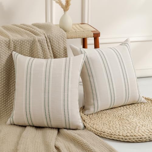 Image of Hckot Spring Throw Pillow Covers 24x24 Set of 2 Striped Pillow Covers Textured Linen Decorative Pillows Square Cushion Covers for Sofa Couch Bed Living Room Farmhouse Decor, Sage Green
