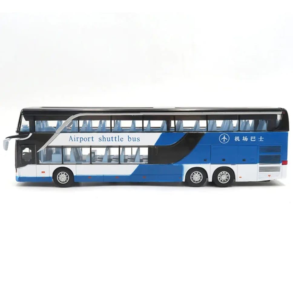 Image of DEOXY Diecast Double Decker Bus Model, Airport Shuttle, White and Orange, Pull Back Action, Toy Vehicle