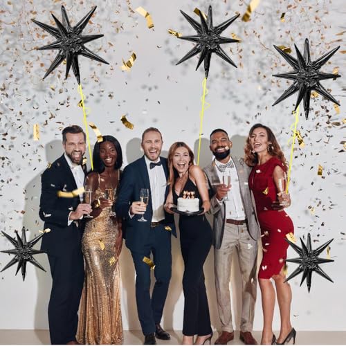 Image of Star Balloons, 6 PCS Black Star Balloons 22 Inch Explosion Foil Mylar Balloon Starburst Balloon Cone Balloon for Bachelorette Birthday Wedding Baby Shower New Year Anniversary Graduation Party Decor