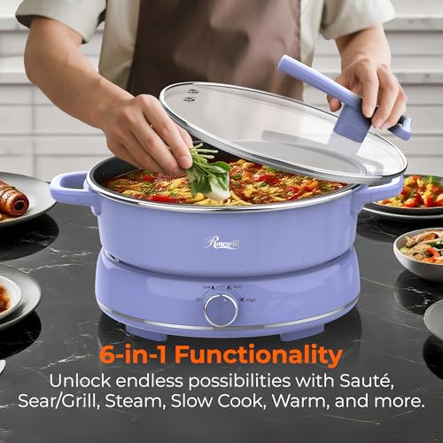 Image of Rosewill 12.7 QT Electric Hot Pot Slow Cooker with Multiple Functions, Split Design with 11.8 inch Wider Cooking Pot and SUS Steam Basket, 1600W High Power, Includes Utensils - Iris