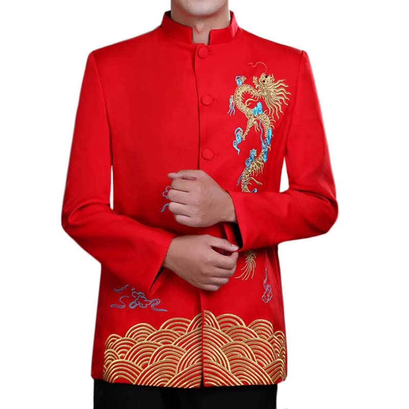 Dragon/Phoenix Embroidery Men Red Wedding Tunic Suit Jacket Traditional Chinese Style Stand Collar Coat2