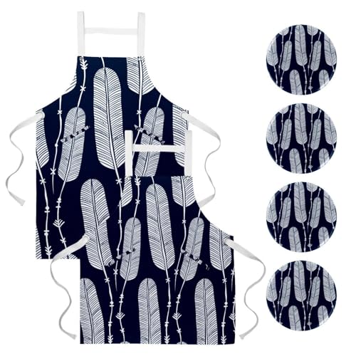 Tablier de cuisine feuille bleu marine bohème lot de 2 de serveuse