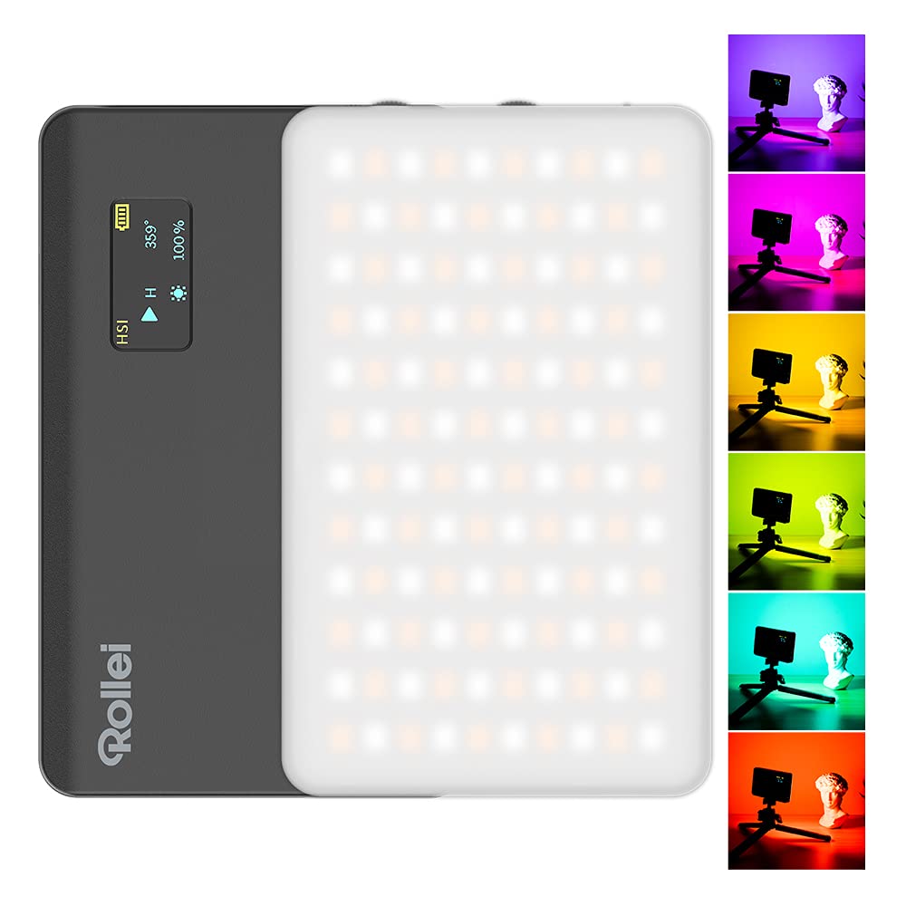 Rollei Lumis Compact RGB, schwarz & Profi 5 in 1 Faltreflektor 80 cm - Runder Faltreflektor mit verschiedenen Bezügen (Diffusor und Silberner-, Goldener-, Weißer- und Schwarzer Reflektor)
