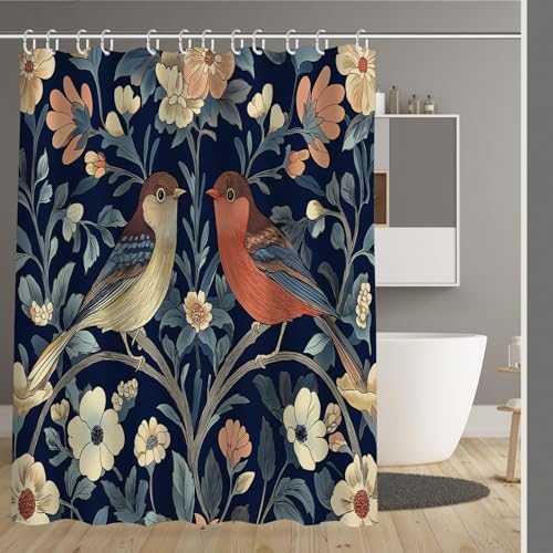 Rideau de douche 180x180cm fleurs et oiseaux rétro imperméable - 2